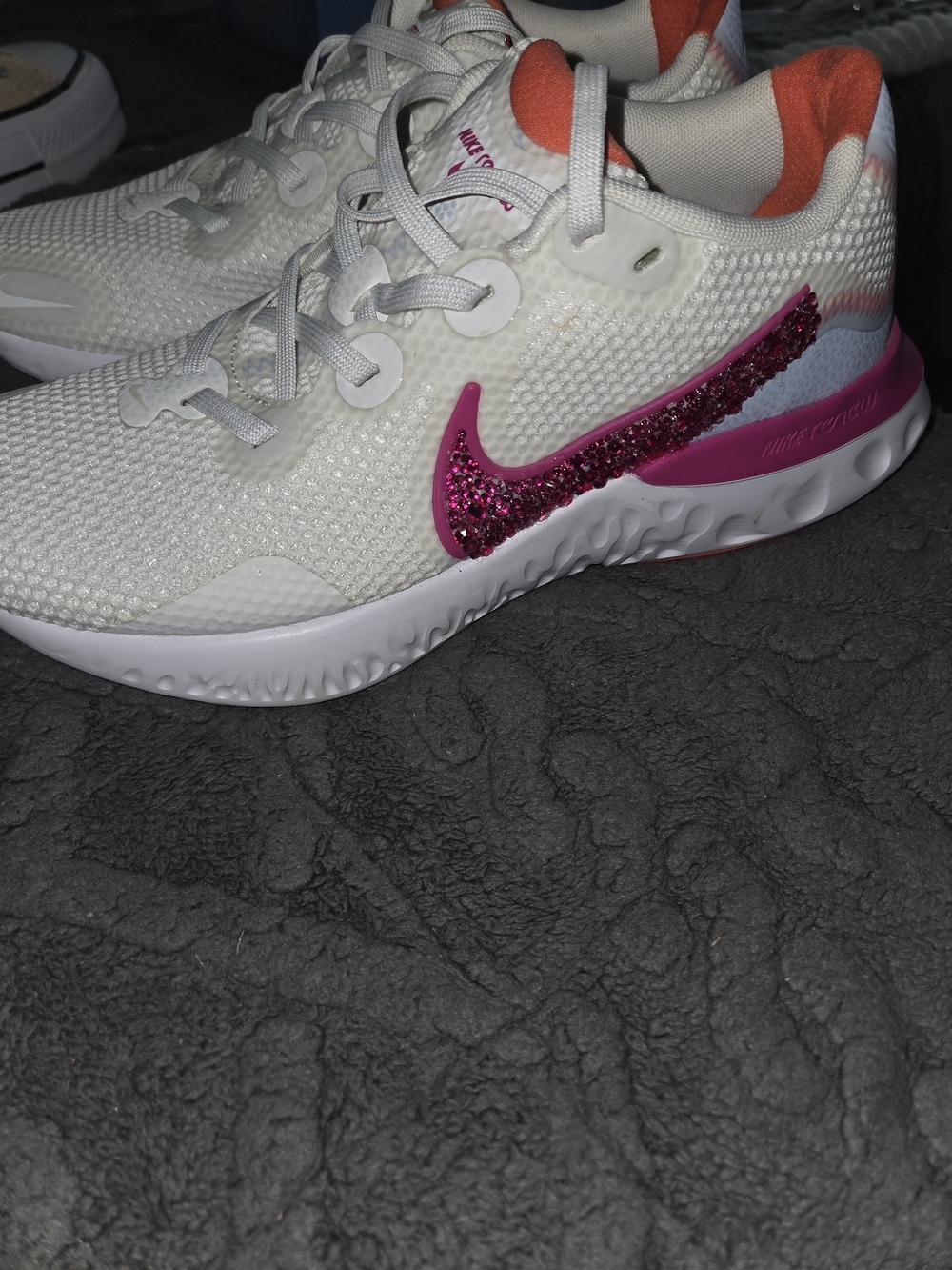 Nike White Athletic Shoes with Pink Glitter Swoosh
